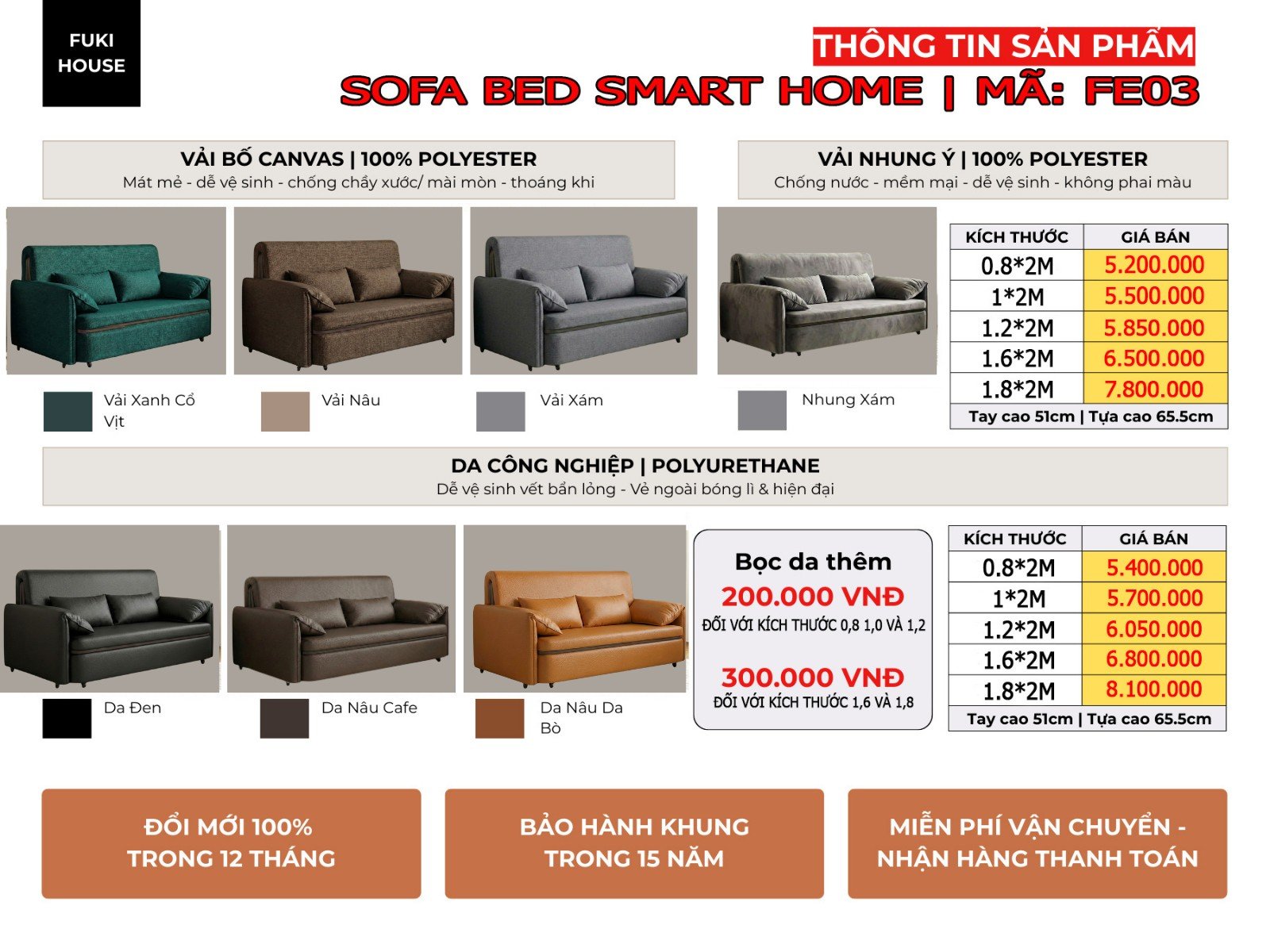 Thông số kỹ thuật sofa giường gấp gọn FE03