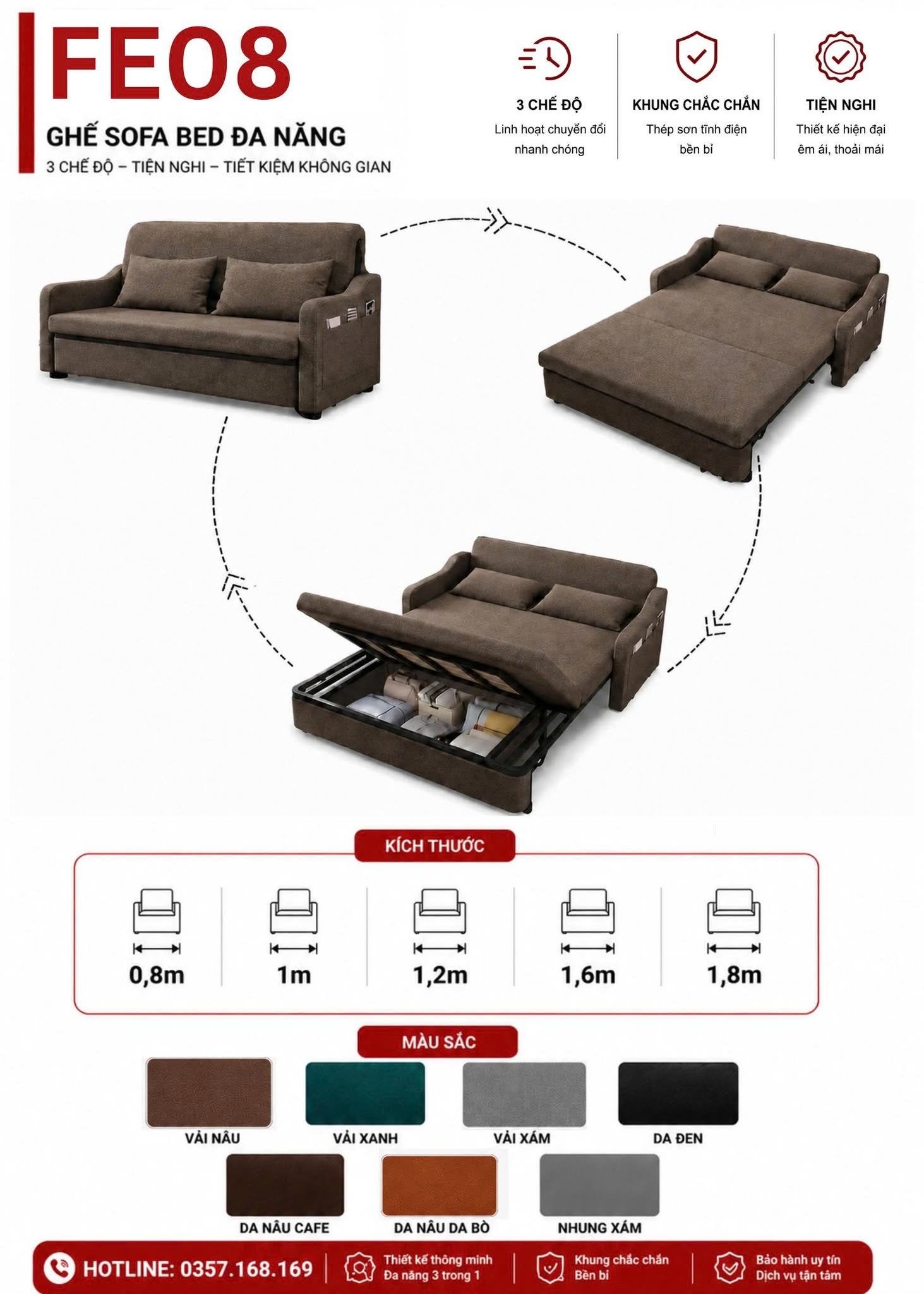 Thông số sofa giường gấp gọn FE08