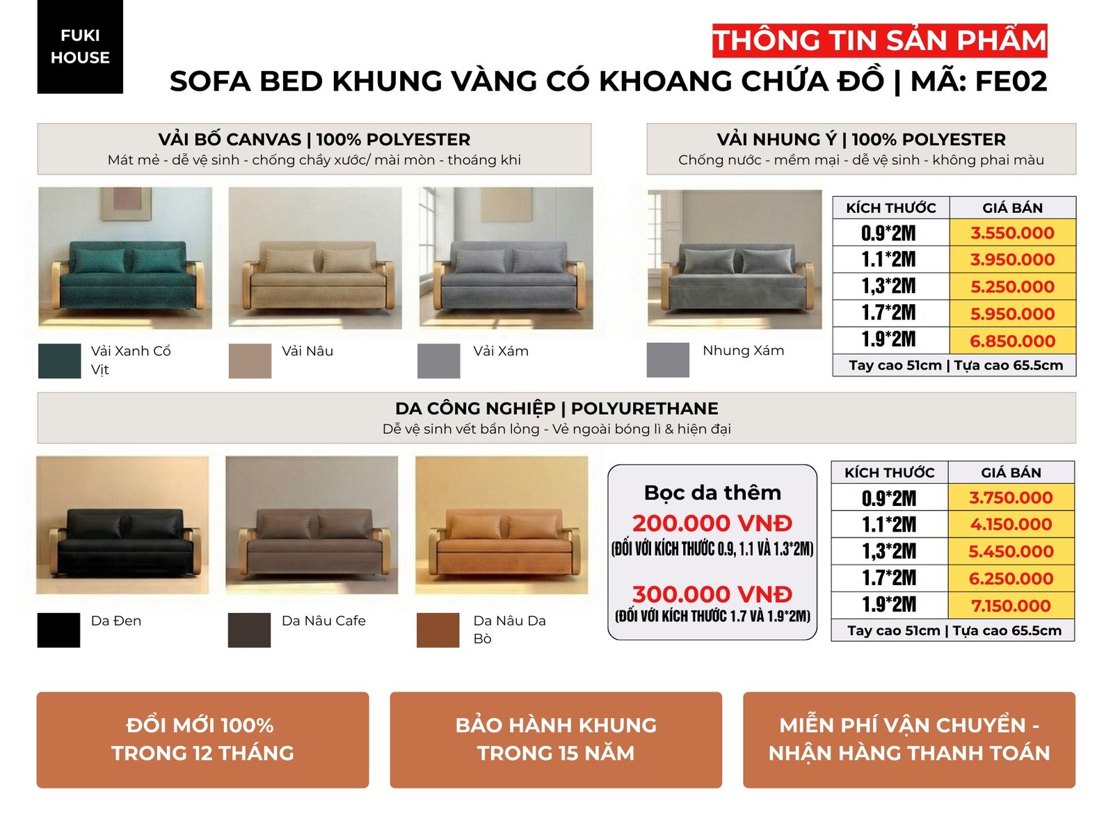Thông số kỹ thuật sofa giường gấp gọn FE02